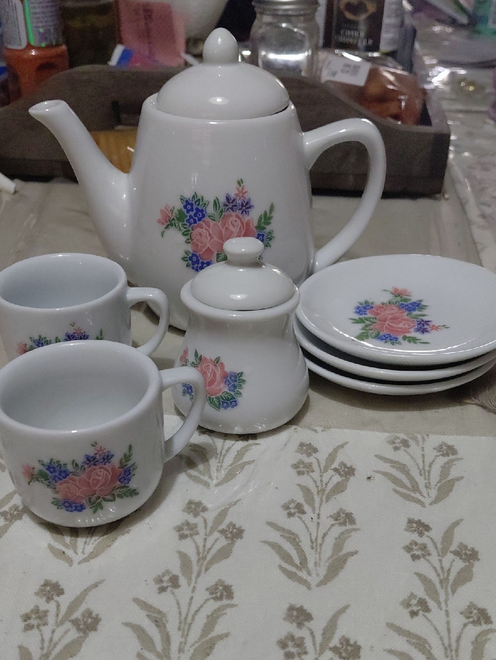 White Porcelain Tea Set with Pink Rose Floral Pattern